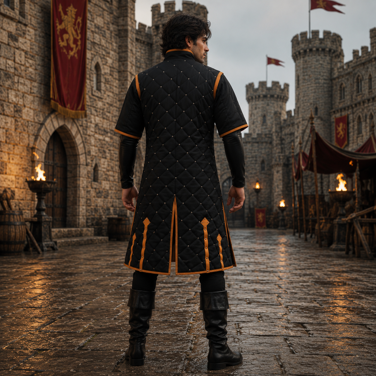 Medieval Gambeson With Brown Leather Trim: Ren faire  Costume