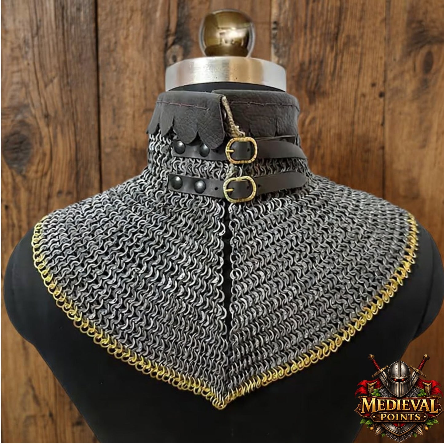 9mm Chainmail Gorget - Flat Riveted Ring with Brass Trim Medieval Collar for Halloween