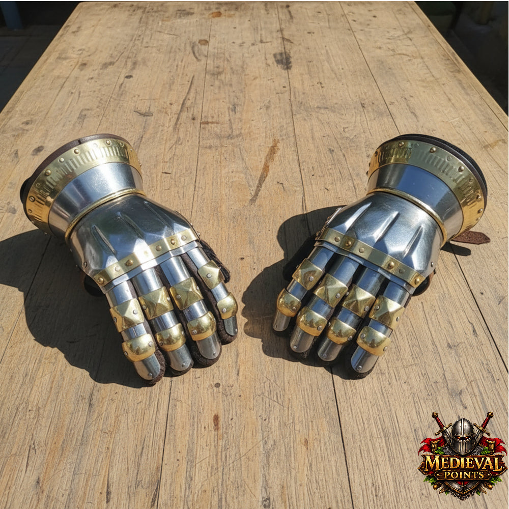 Medieval Knight Gauntlets – Steel Armor Gloves with Brass Accents