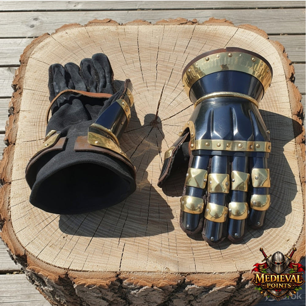 Medieval Knight Gauntlets – Steel Armor Gloves with Brass Accents