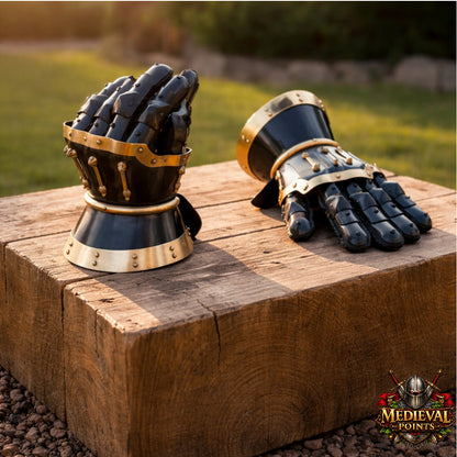 Medieval Hourglass Gauntlets 16 Gauge Steel with Brass Accents & Leather Gloves | SCA LARP Armor