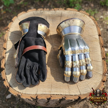 Medieval Knight Gauntlets – Steel Armor Gloves with Brass Accents