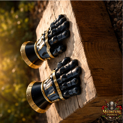 Medieval Hourglass Gauntlets 16 Gauge Steel with Brass Accents & Leather Gloves | SCA LARP Armor
