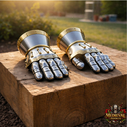 Medieval Hourglass Gauntlets 16 Gauge Steel with Brass Accents & Leather Gloves | SCA LARP Armor