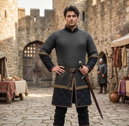 Chainmail Shirt with Double Brass Trim – 9 mm Flat Riveted Solid Ring , haubergeon Shirt