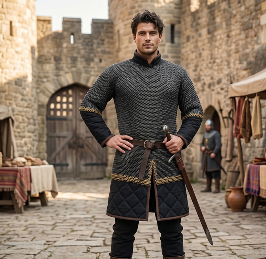 Chainmail Shirt with Double Brass Trim – 9 mm Flat Riveted Solid Ring , haubergeon Shirt