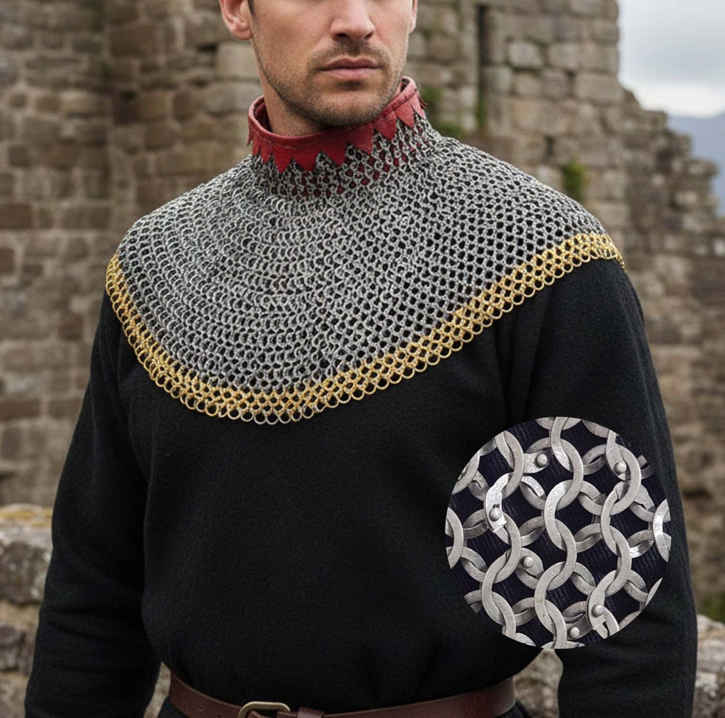 Chainmail Neck Collar Armor – Flat Riveted & Washer with Brass Rows
