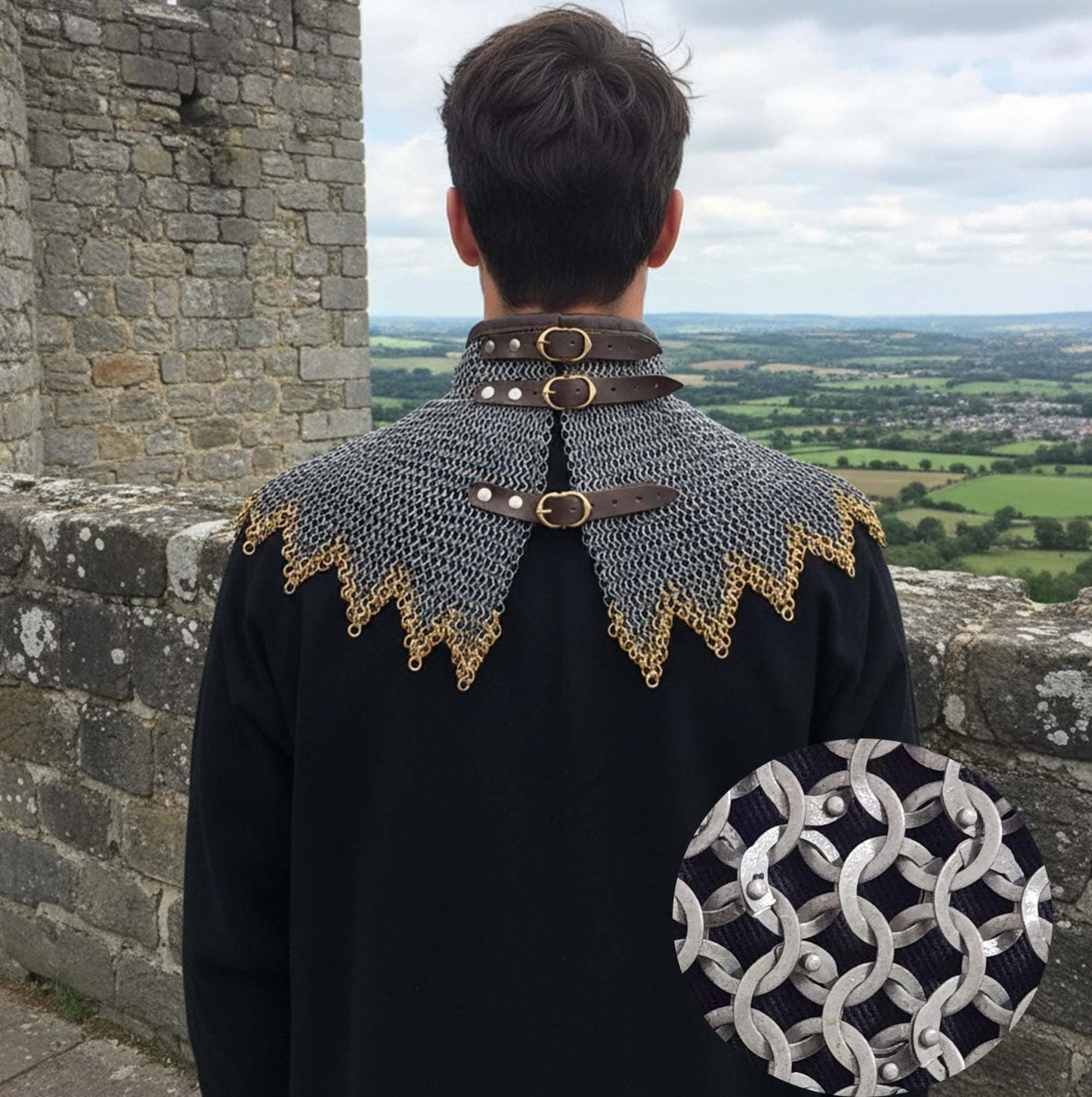 Renaissance Chainmail Collar- Flat Riveted And Washers with 3 Brass Rows