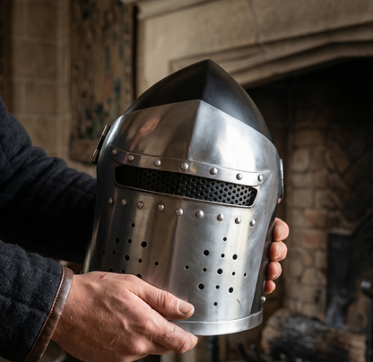 Barbuta Helmet: Functional Barbute Helmet ,wooden stand