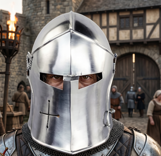 Medieval Barbute Helmet : fully wearable helmet for Role Play with Display Stand