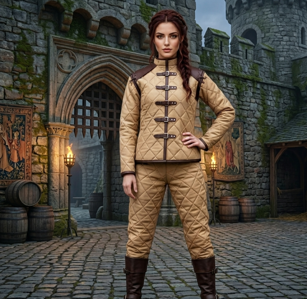 Female Medieval Gambeson with Leather Trim | LARP Ren Faire Costume