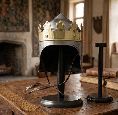 Medieval King Arthur Helmet : Richard Lion heart Crown Replica Helmet  Wooden Stand