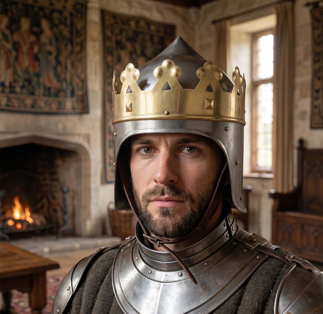 Medieval King Arthur Helmet : Richard Lion heart Crown Replica Helmet  Wooden Stand
