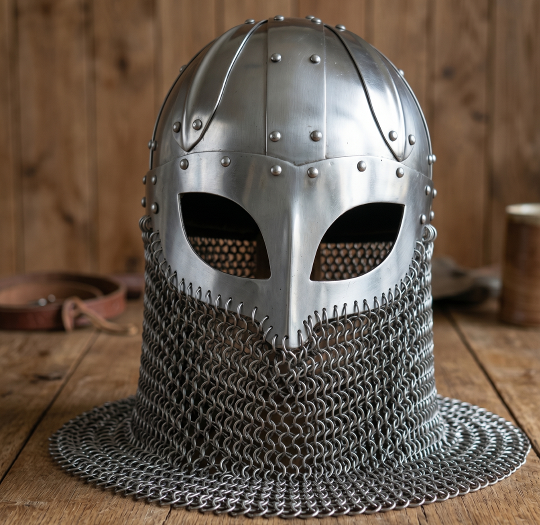 Viking Chain-mail Helmet – Norse Medieval Armor for LARP : Wooden Stand