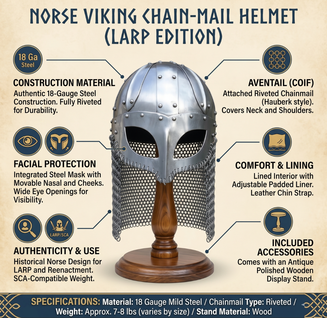 Viking Chain-mail Helmet – Norse Medieval Armor for LARP : Wooden Stand
