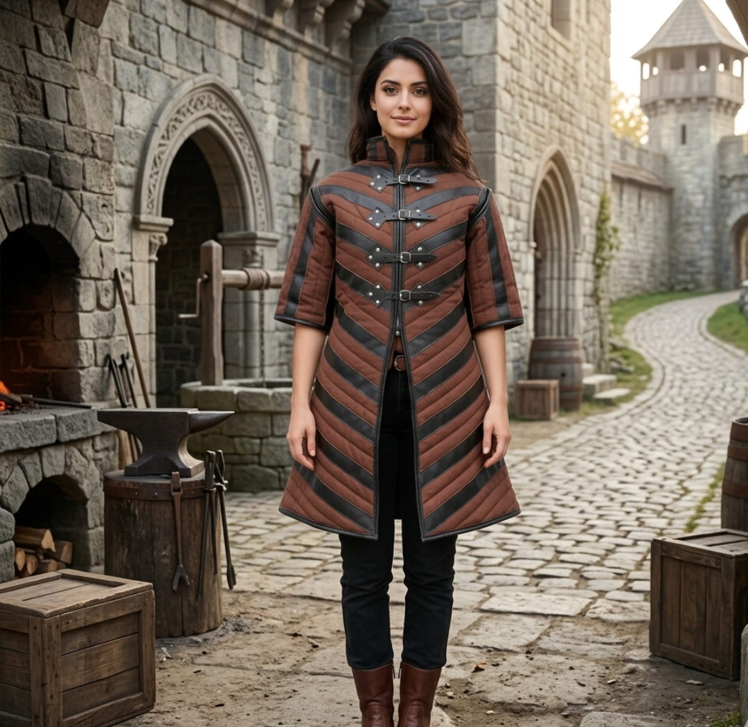 Quilted Armour Gambeson : Black Leather Trim, Ren Faire Costume