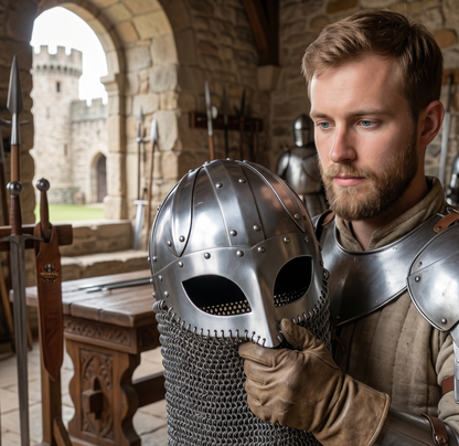 Viking Chain-mail Helmet – Norse Medieval Armor for LARP : Wooden Stand